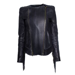 Balmain, leather laced biker jacket with fringes